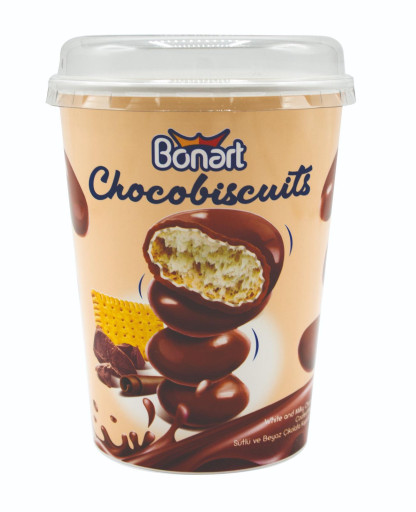 BONART CHOCO BISCUITS MILK CHOC. DRAGEE PET GLASS 220 G x 12