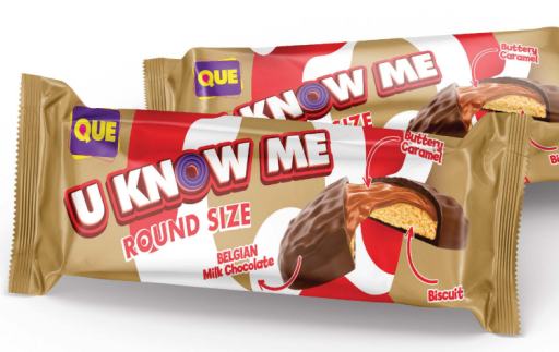 QUE ME ROUND MILK CHOCOLATE COATED CARAMEL BISCUIT 125 GR X 12