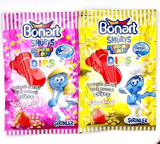 BONART SMURFS POPPING CANDY DIPPED LOLLIPOP STRAWBERRY 12 GR X 288