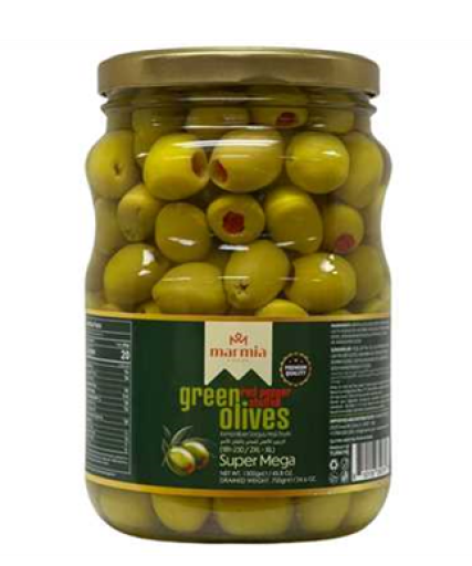 MARMIA RED PEPPER STUFFED GREEN OLIVES GLASS 700 GR X 6