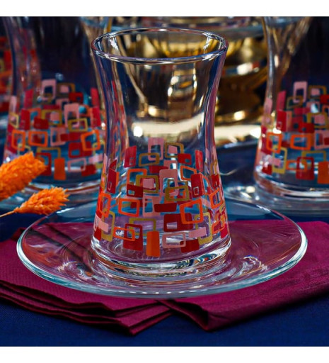PASABAHCE TEA SET HEYBELI ENDULUS & PINKY DECORATED 12 PCS X 6