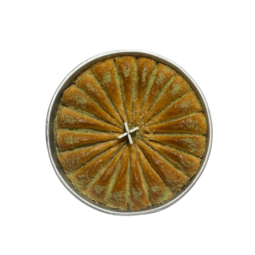 ANTEPZADE BAKLAVA TRIANGLE DOUBLE PISTACHIOS ROUND TRAY 2000 GR