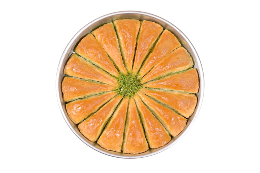 ANTEPZADE BAKLAVA TRIANGLE PISTACHIOS ROUND TRAY 1350 GR